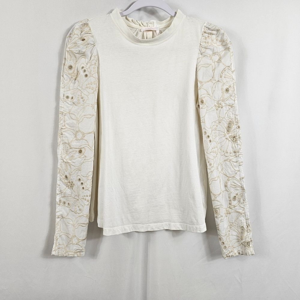 See By Chloe Long Sleeve Top with Embroidered Eyelet Sleeves in White - Size S